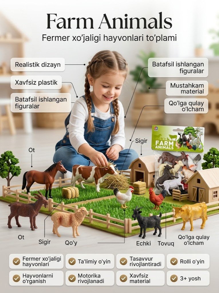 "Farm Animals" — fermer xo'jaligi hayvonlari o'yinchoq to'plami (bolalar uchun figuralar)   g103d   17530