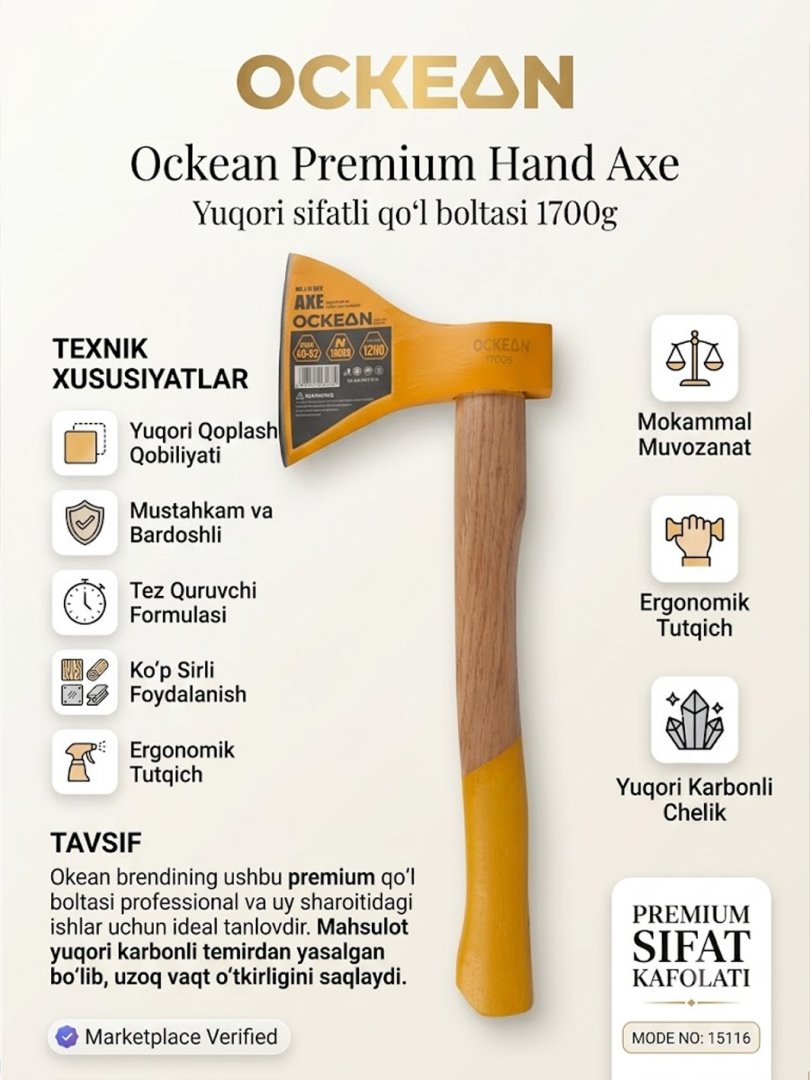 Ockean Premium Hand Axe – Yuqori sifatli qo‘l boltasi 1700g  15118