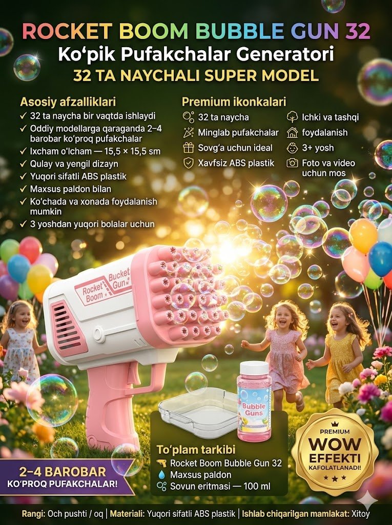 Rocket Boom Bubble Gun 32 — Ko'pik pufakchalar generatori, 32 ta naychali, 15,5x15,5 sm, pushti   14557