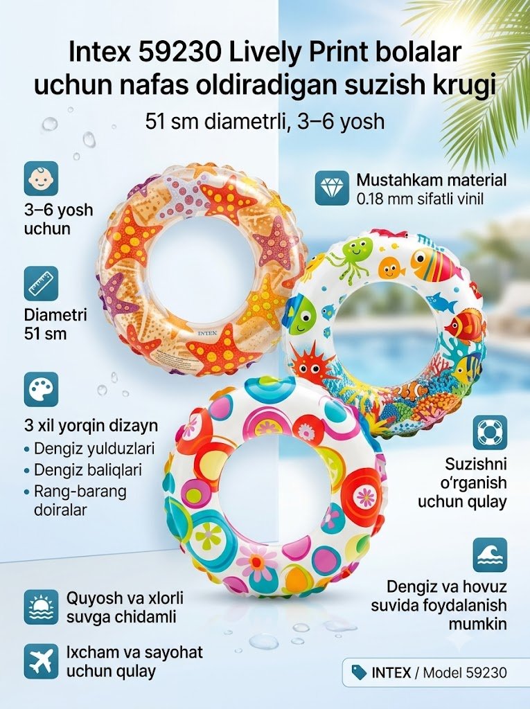 Intex 59230 Nafas oldiradigan suzish krugi 51 sm — Lively Print, 3 ta dizayn, 3–6 yosh  14626
