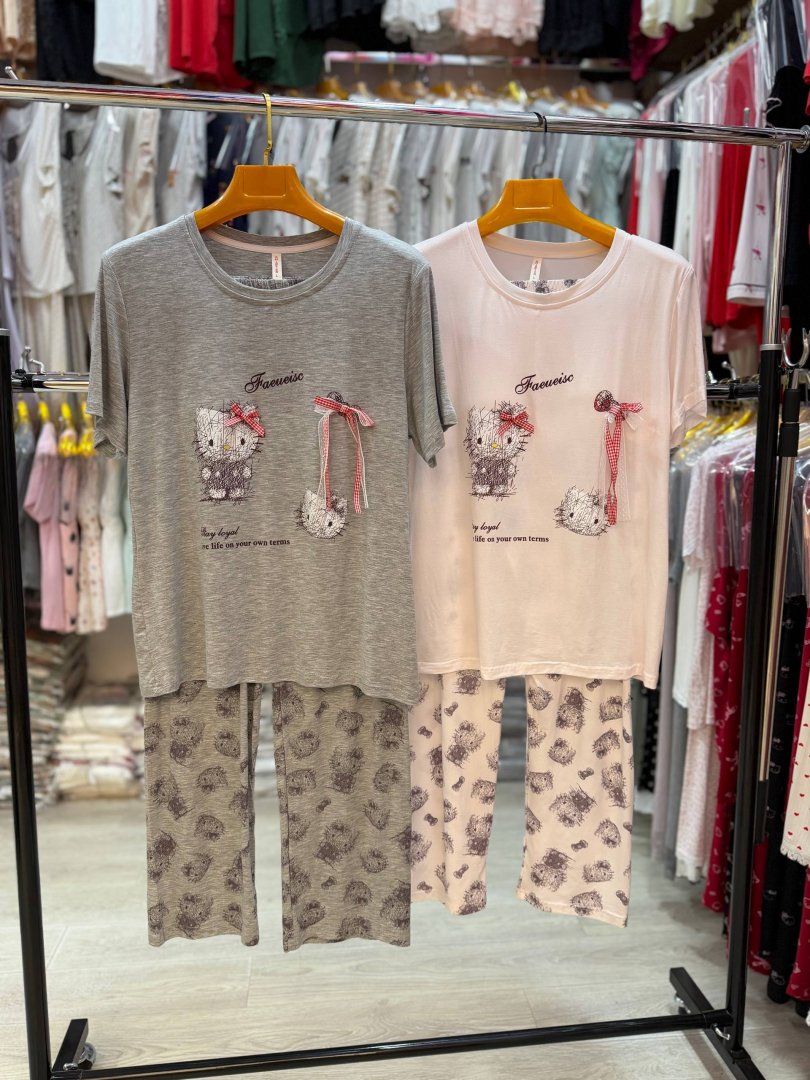 Ayollar uchun mushukcha naqshli pijama komplekti — uy kiyimi, yengil trikotaj, 2 rangda   b205d 16421