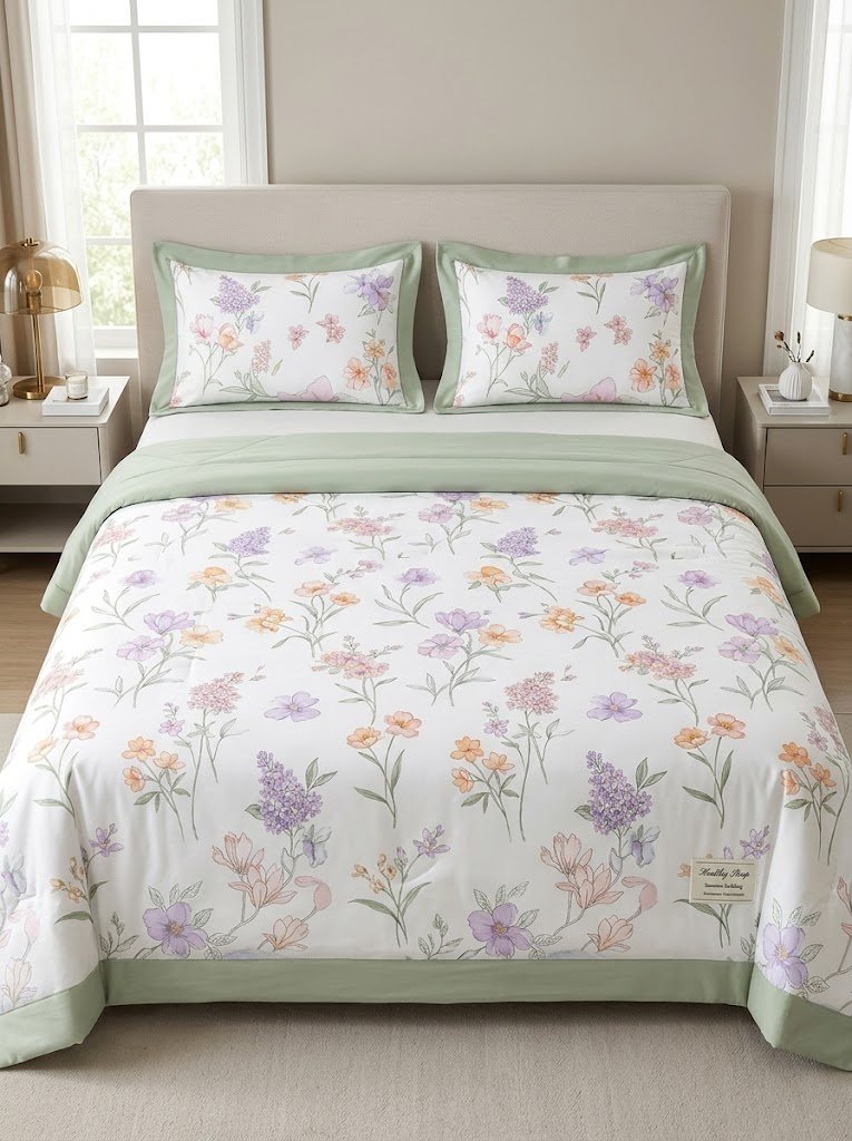 Quilt Comforter — yengil yozgi yotoqxona to'plami, "Healthy Sleep" seriyasi, oq fonda rang-barang gulli naqsh, ko'plab rang variantlarida  a3b5aq13d  15915