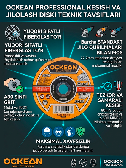 OCKEAN 230 mm Metall va Inox Kesish Diski – Eng ogʻir va yirik ishlar uchun maksimal quvvat!   16151