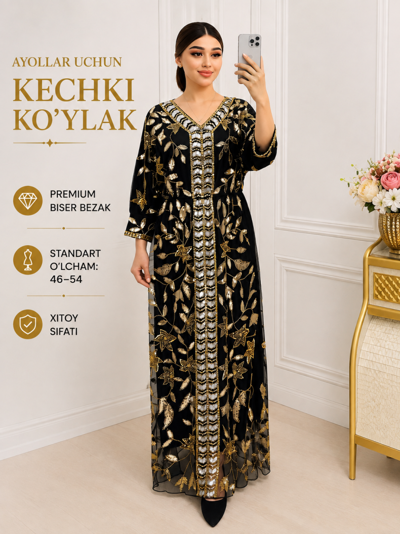 Ayollar kechki ko'ylagi | Kaftan fasonli | Munchoq va payet bezakli | Gulli naqsh     b72d   19037