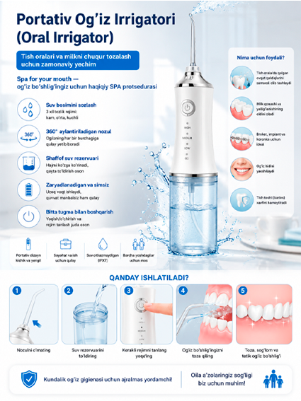 Portativ og'iz irrigatori (Oral Irrigator) — tish oralari va milkni tozalash uchun simsiz asbob     16885